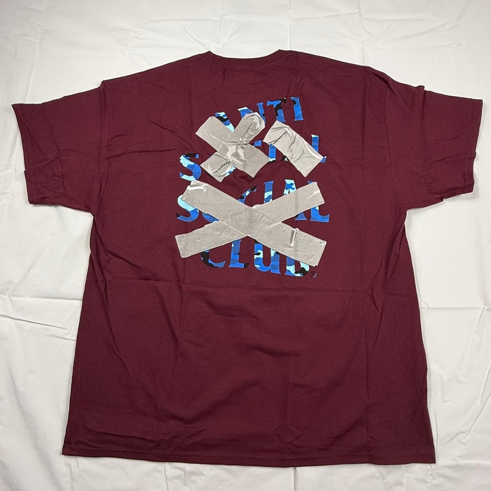 Anti Social Social Club Maroon Duct Tape Blue Camo Logo T-Shirt 2XL Mens NEW